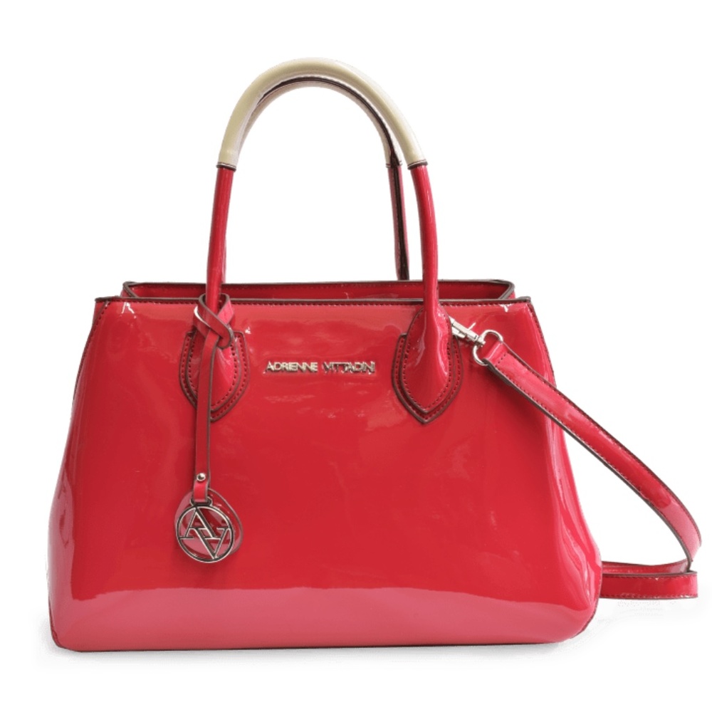 Adrienne Vittadini Patent Leather Satchel Purse Tote Bag, Red Hot Pink Fuscia